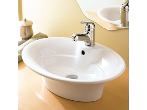 1473-CWH Oval White Vessel with Overflow and Single Hole Faucet