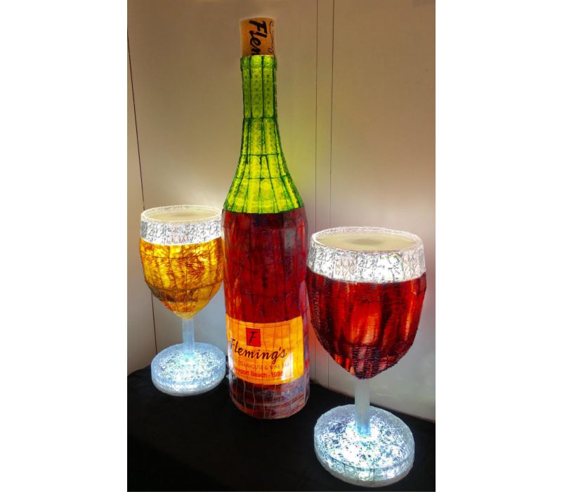 Stained Glass Illuminated Wine Bottle (4Ft Tall) and Two Wine Glasses (2Ft Tall)
