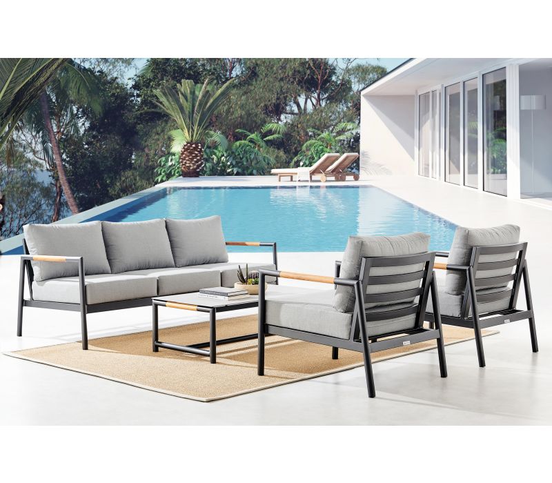 Crown 4 Piece Black Aluminum and Teak Outdoor Seating Set with Dark Gray Cushions