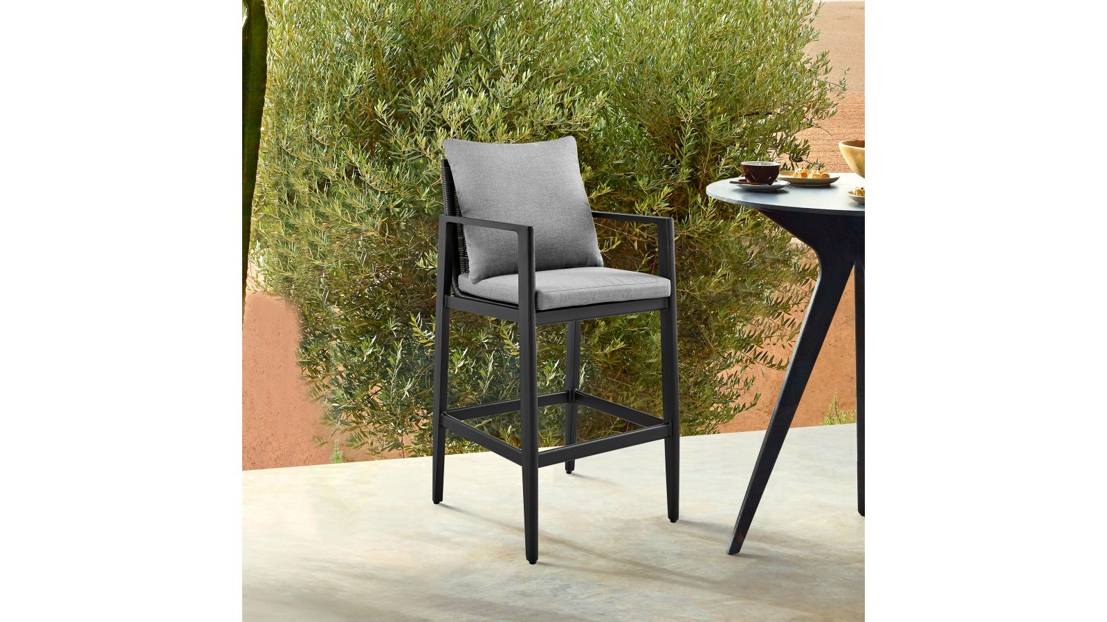 Cayman Outdoor Patio Counter Height Bar Stool in Aluminum with Grey Cushions