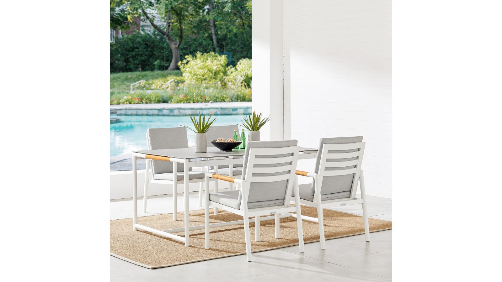 Crown 5 Piece White Aluminum and Teak Outdoor Dining Set with Light Gray Fabric
