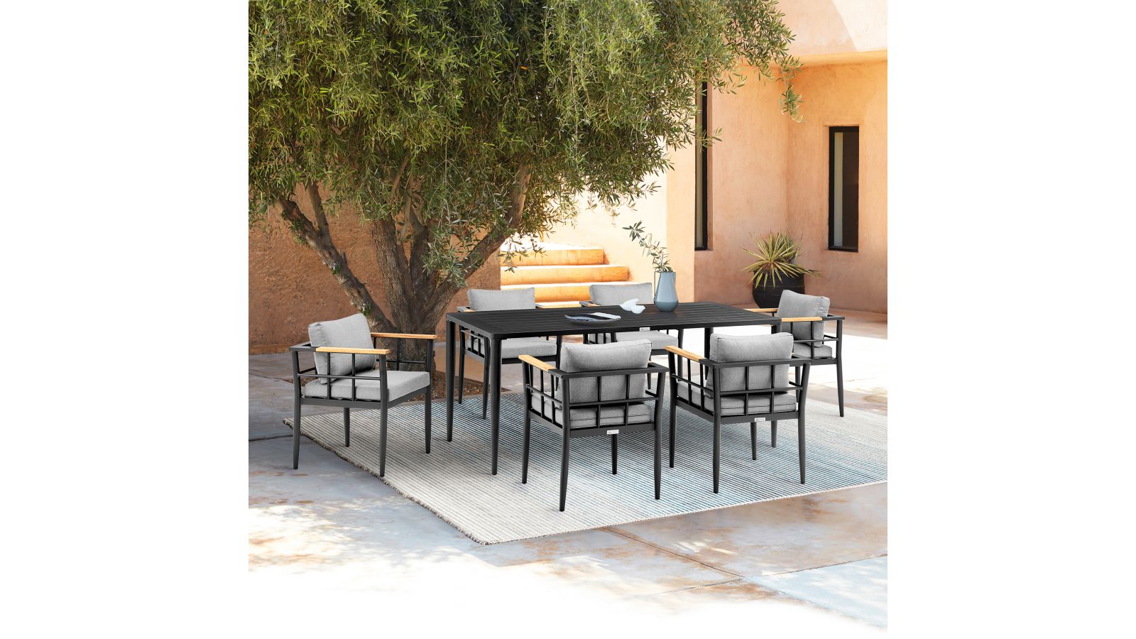 Ezra Outdoor Patio 7-Piece Dining Table Set in Aluminum and Teak with Grey Cushions