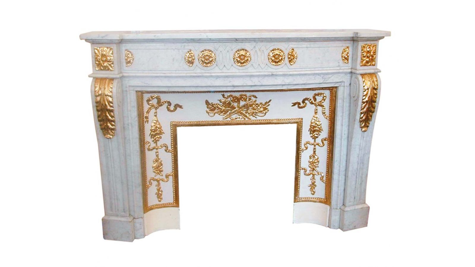 Plaza Hotel Carved Carrera Marble Mantel with Gold Details