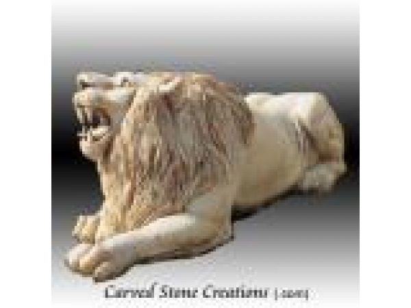 AST-126, ''Roaring Repose'' Hand-Carved Marble Lion-Animal Statuary