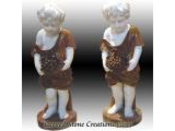 FIG-M072, ''Child w/ Grapes'' Hand-Carved Multi-Colored Marble Statuary