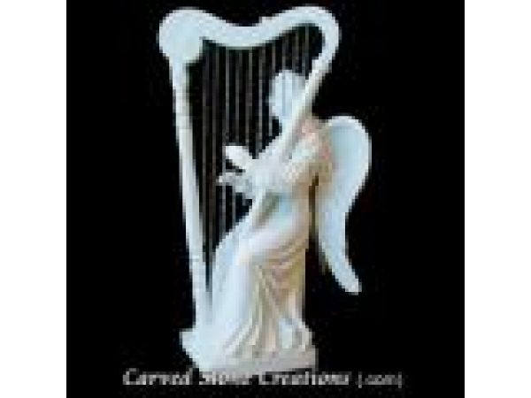 FIG- ''Harp Angel'' - Hand-Carved White Marble Statuary