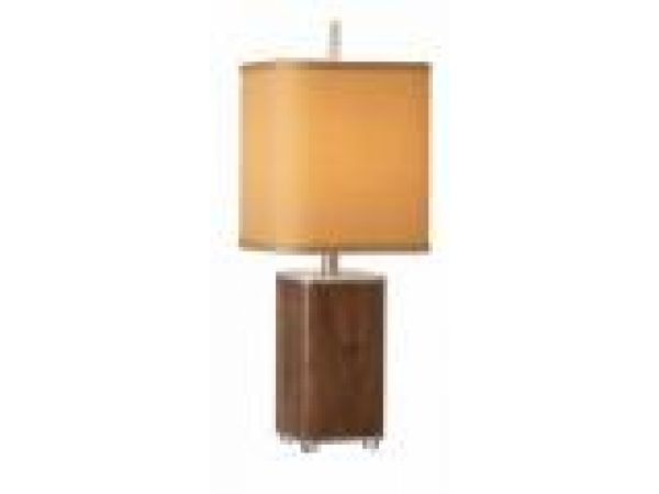 WALNUT & BRUSHED STEEL LAMP WITH GOLD COIN SHADE