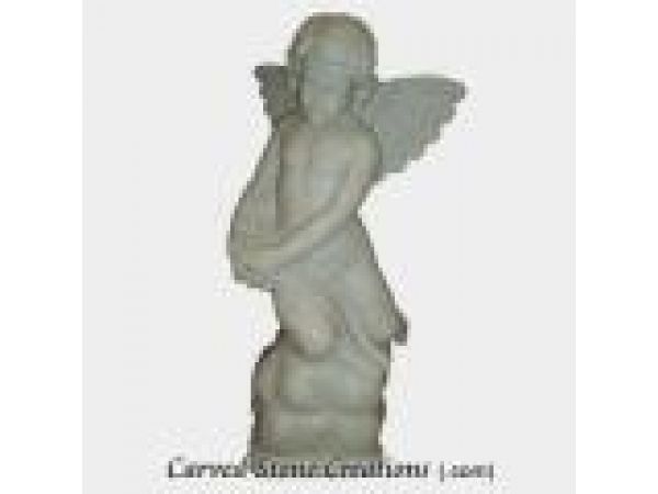 Angel Kneeling on Cloud with Flowers Hand-Carved White Marble Statuary