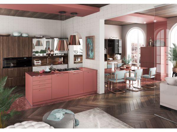 Integrated kitchen in Marsala Red and Warm Wood finishes