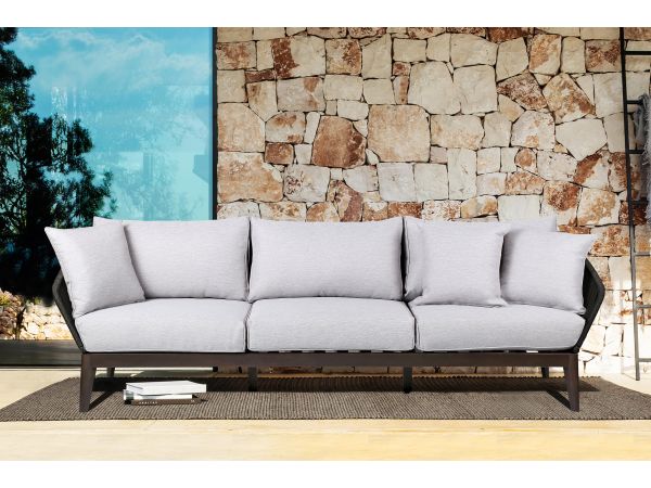 Athos Indoor Outdoor 3 Seater Sofa in Dark Eucalyptus Wood with Charcoal Rope and Grey Cushions