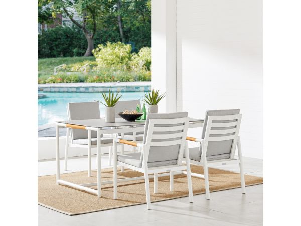 Crown 5 Piece White Aluminum and Teak Outdoor Dining Set with Light Gray Fabric