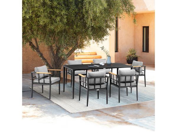 Ezra Outdoor Patio 7-Piece Dining Table Set in Aluminum and Teak with Grey Cushions