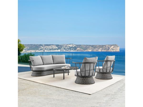 Giotto 4PC Outdoor Patio Set in Black Aluminum and Grey Wicker with Grey Fabric