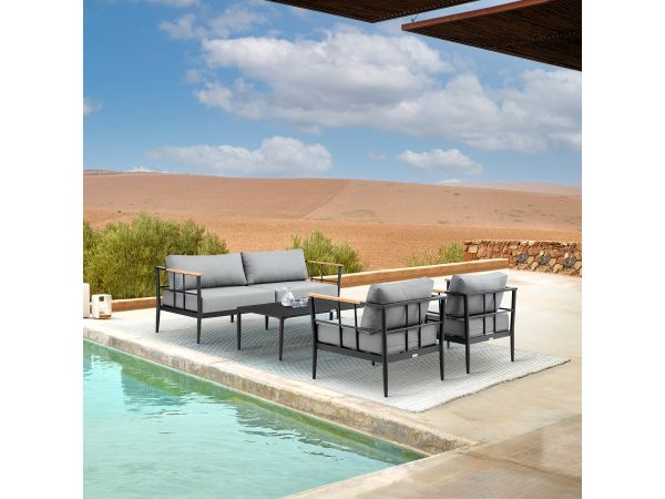 Veyda Outdoor Patio 4-Piece Lounge Set in Aluminum with Teak Wood and Grey Cushions