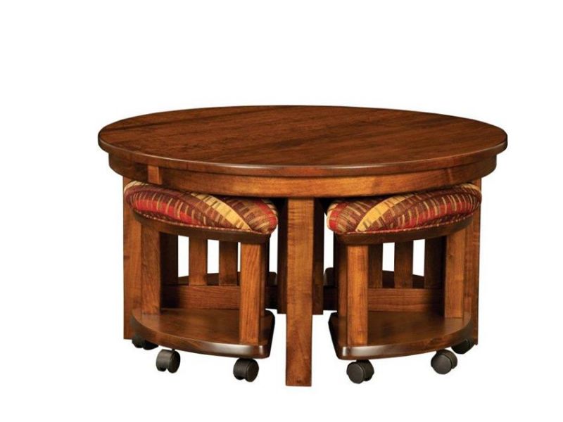 Amish Mission Round Coffee Table and Stool Set with Hydraulic Lift
