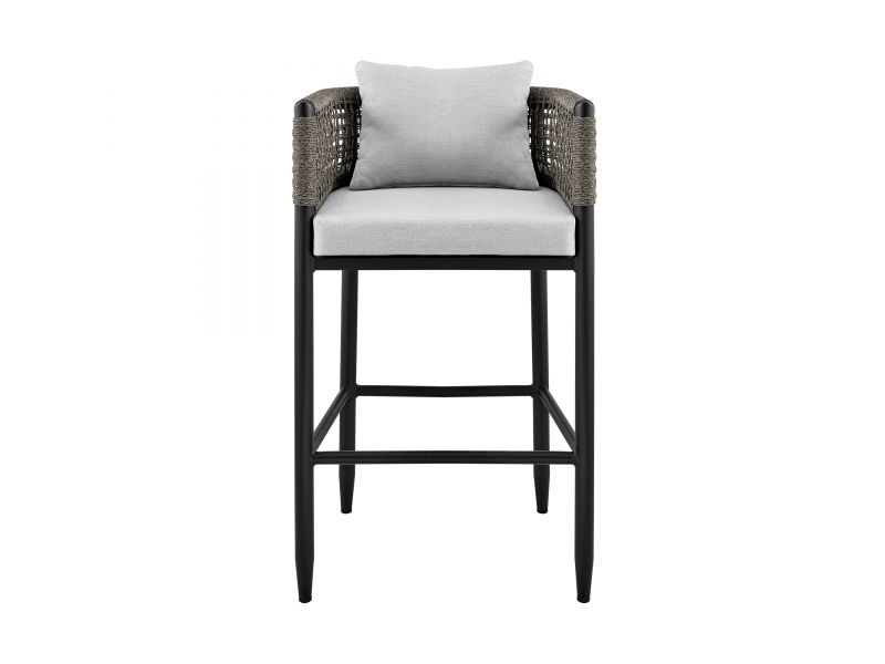 Alegria Outdoor Patio Counter Height Bar Stool in Aluminum with Grey Rope and Cushions