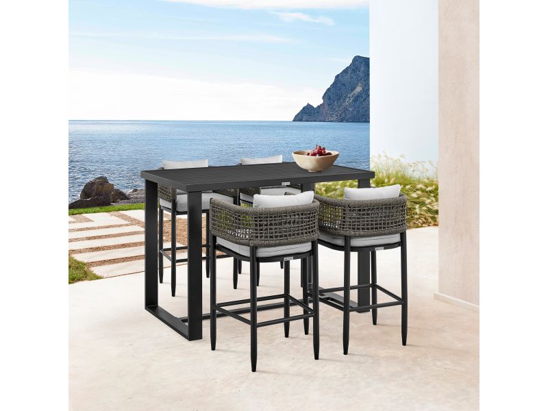 Alegria Outdoor Patio Counter Height Bar Stool in Aluminum with Grey Rope and Cushions