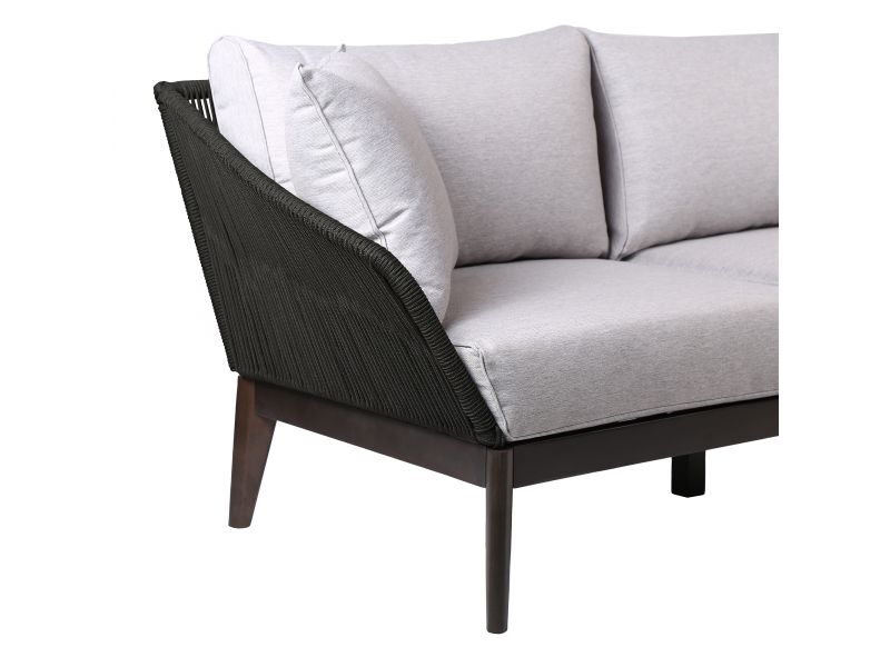 Athos Indoor Outdoor 3 Seater Sofa in Dark Eucalyptus Wood with Charcoal Rope and Grey Cushions