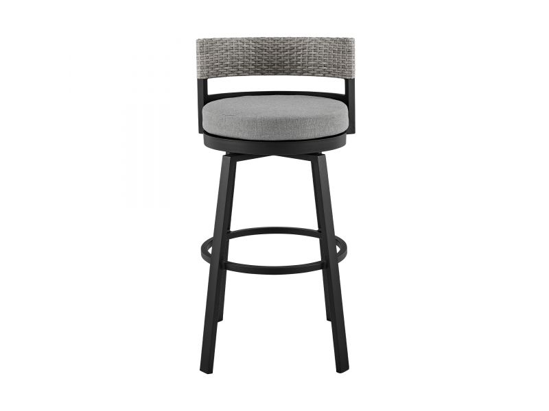 Encinitas Outdoor Patio Counter Height Swivel Bar Stool in Aluminum and Wicker with Grey Cushions