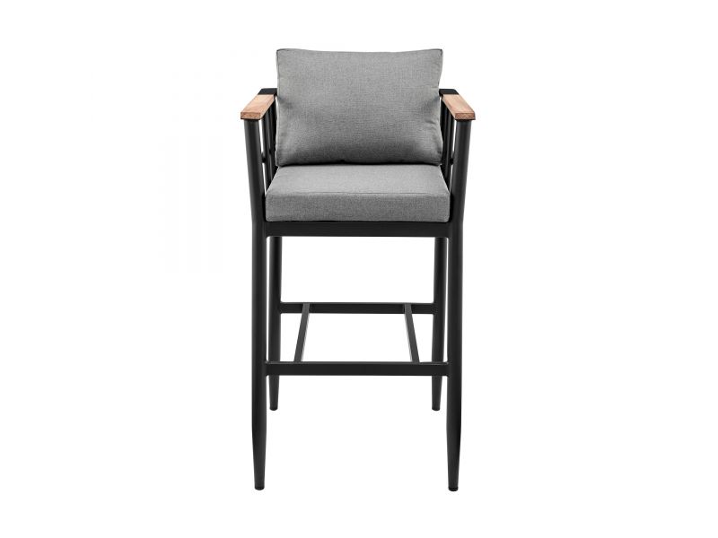 Orlando Outdoor Patio Counter Height Bar Stool in Aluminum and Teak with Grey Cushions