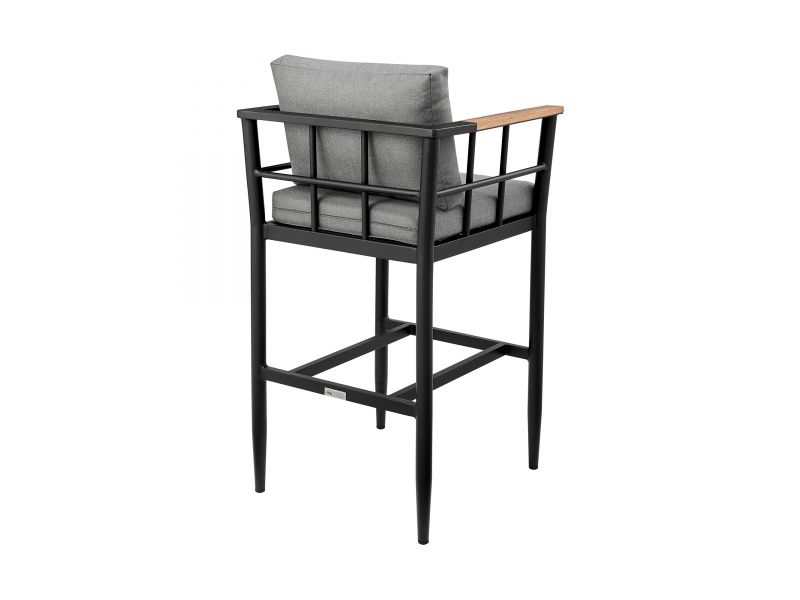 Orlando Outdoor Patio Counter Height Bar Stool in Aluminum and Teak with Grey Cushions