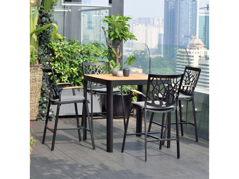 Portals Outdoor Patio Aluminum Barstool in Black with Natural Teak Wood Accent and Cushions