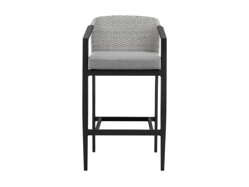 Palma Outdoor Patio Counter Height Bar Stool in Aluminum and Wicker with Grey Cushions