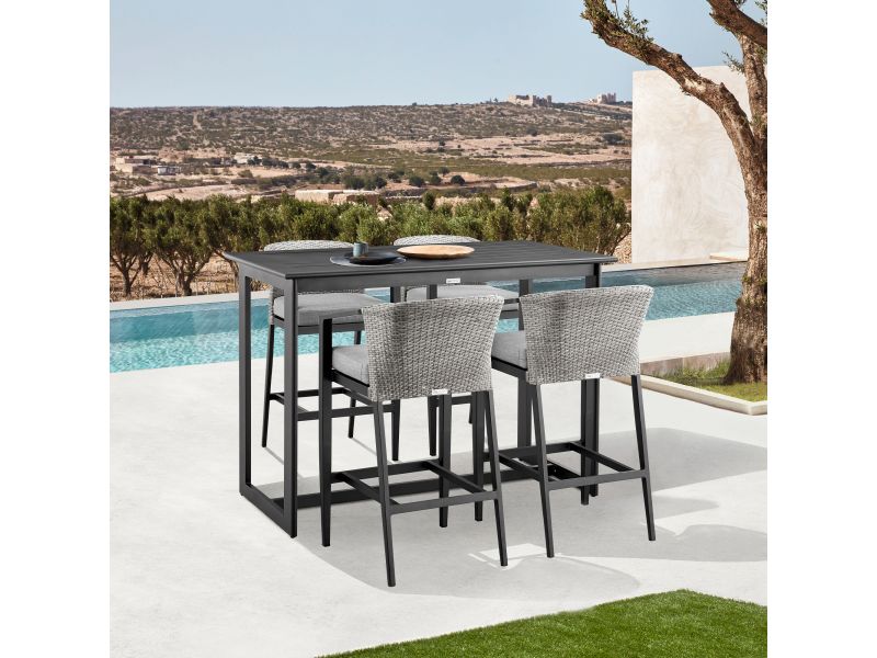 Palma Outdoor Patio Counter Height Bar Stool in Aluminum and Wicker with Grey Cushions