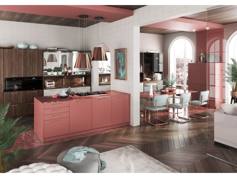 Integrated kitchen in Marsala Red and Warm Wood finishes