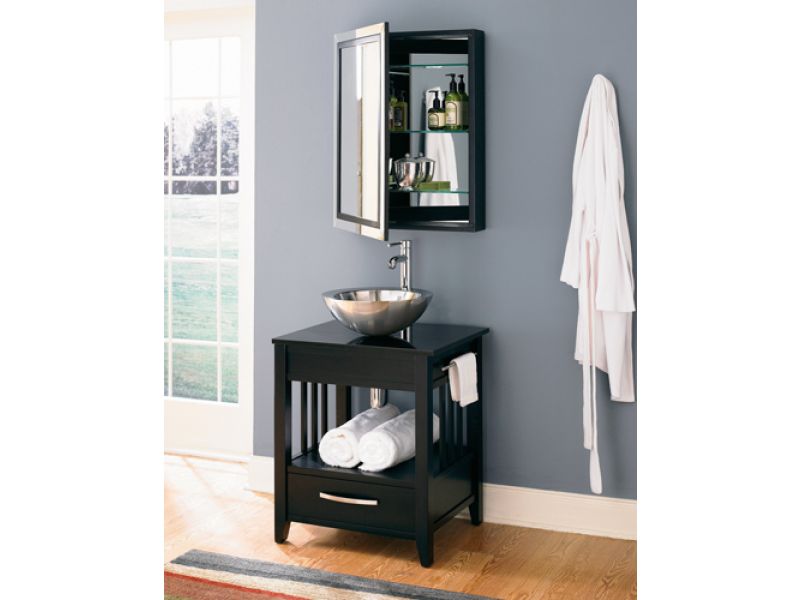 5360-BLK Espresso Stained Wood Vessel Stand with Black Granite Top and towel bars