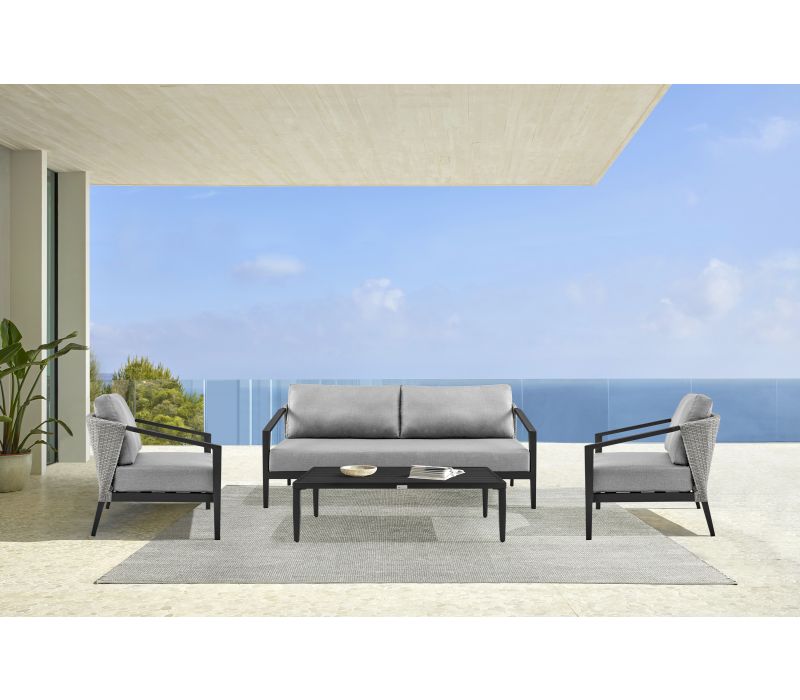 Palma Outdoor Patio 4-Piece Lounge Set in Aluminum and Wicker with Grey Cushions