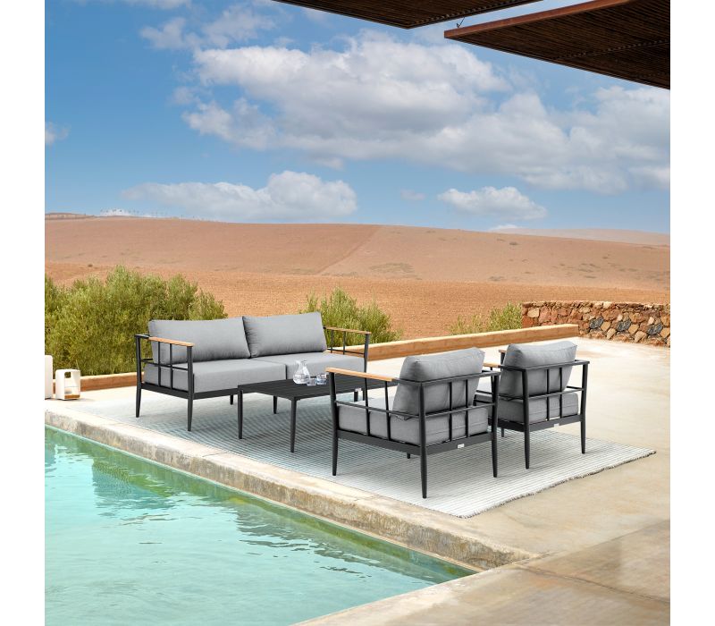 Veyda Outdoor Patio 4-Piece Lounge Set in Aluminum with Teak Wood and Grey Cushions